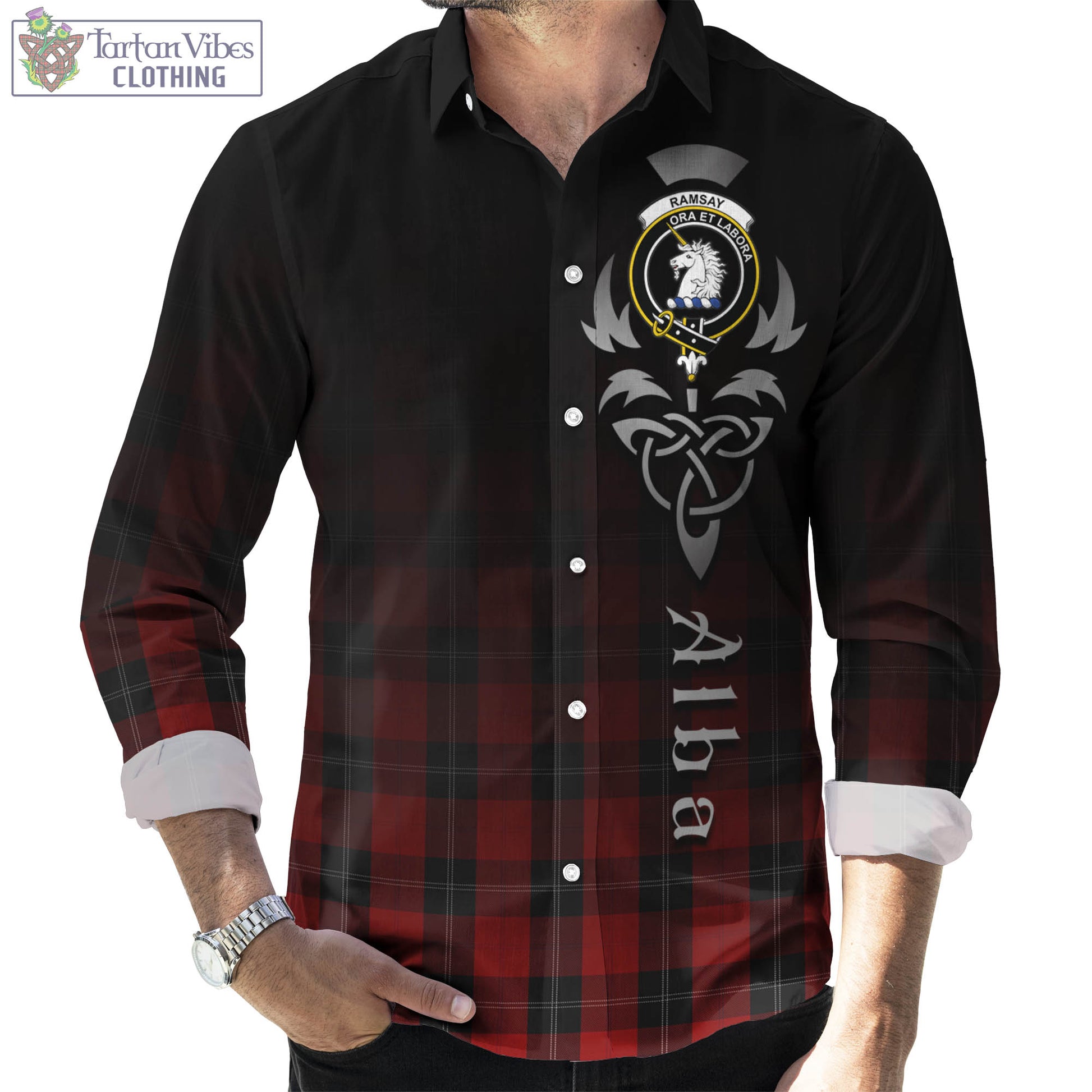 Tartan Vibes Clothing Ramsay Tartan Long Sleeve Button Up Featuring Alba Gu Brath Family Crest Celtic Inspired