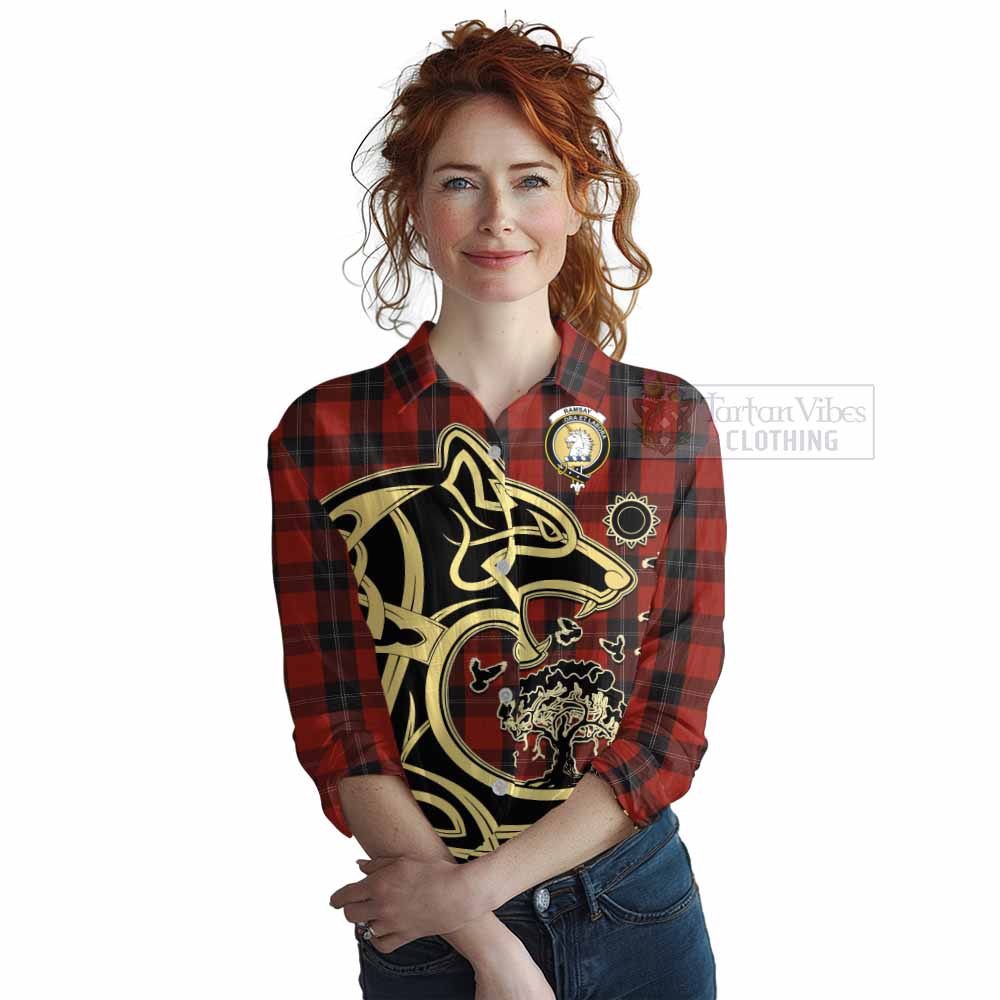 Tartan Vibes Clothing Ramsay Tartan Women's Casual Shirt with Family Crest Celtic Wolf Style