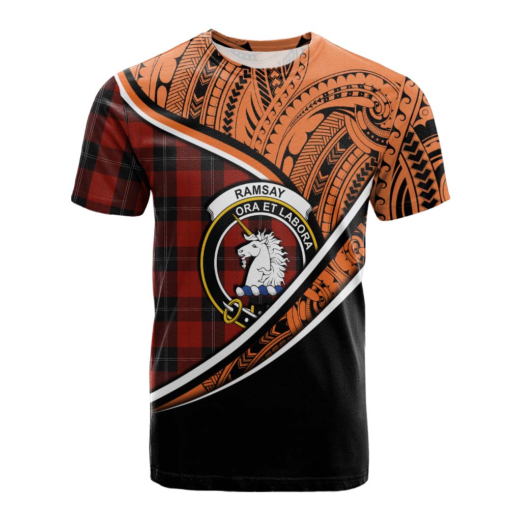 Tartan Vibes Clothing Ramsay Crest Tartan Cotton T-shirt with Maori Tattoo Style - Orange Version