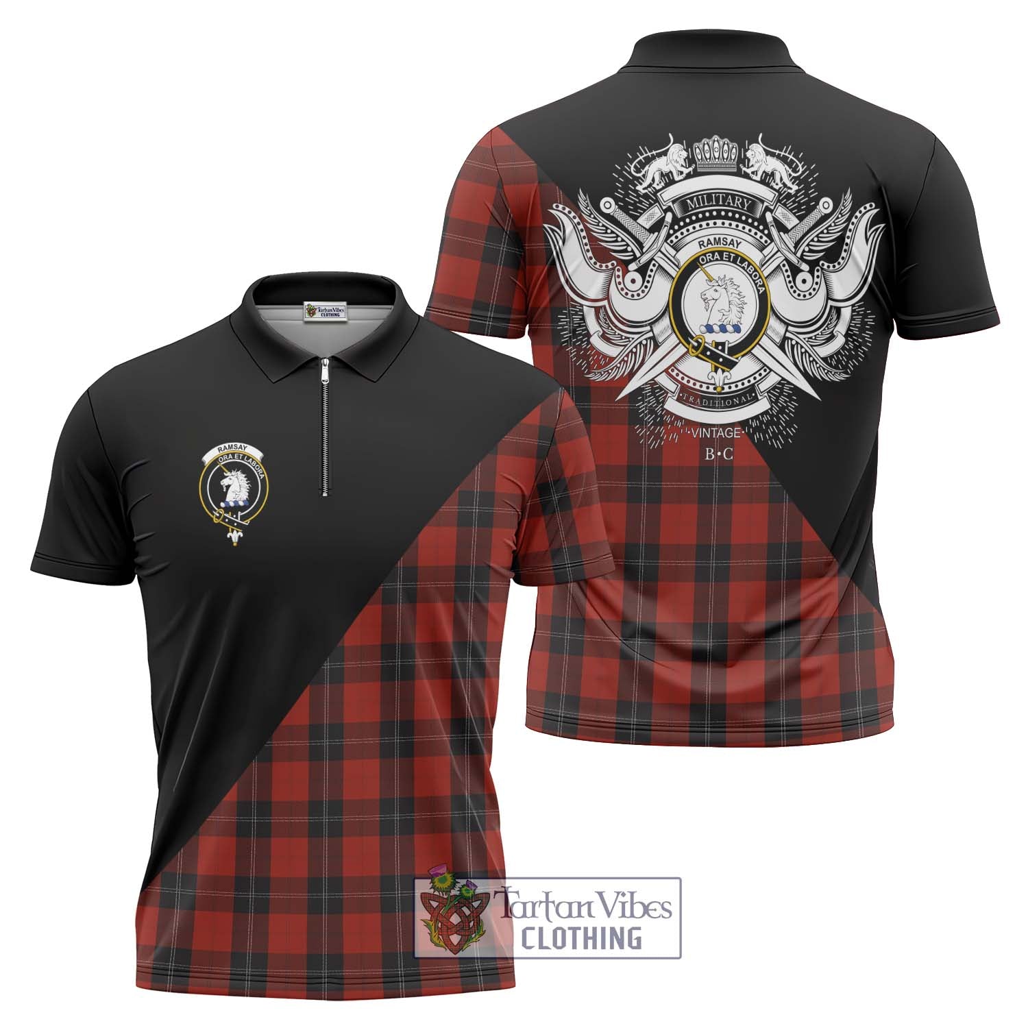 Tartan Vibes Clothing Ramsay Tartan Zipper Polo Shirt with Family Crest and Military Logo Style