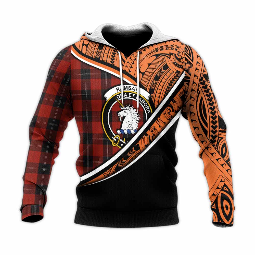 Tartan Vibes Clothing Ramsay Crest Tartan Knitted Hoodie with Maori Tattoo Style - Orange Version