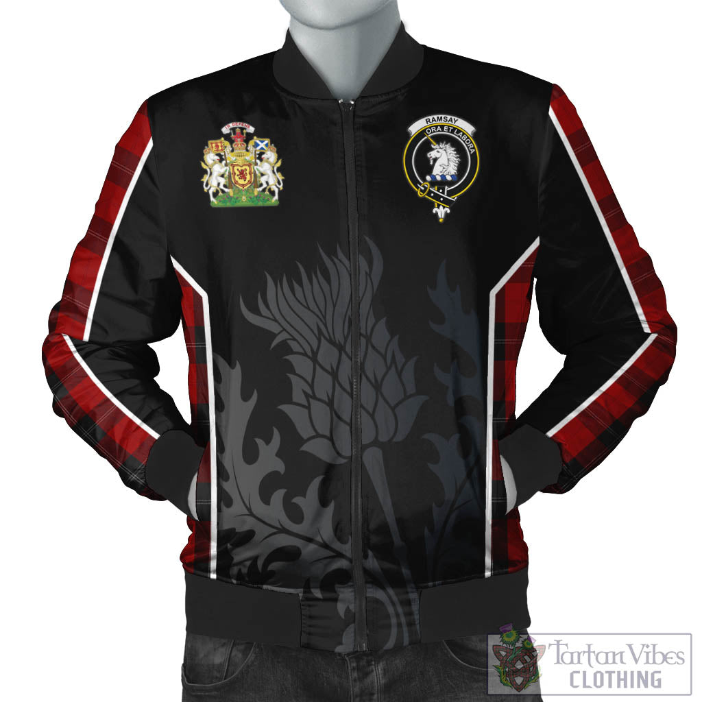 Tartan Vibes Clothing Ramsay Tartan Bomber Jacket with Family Crest and Scottish Thistle Vibes Sport Style