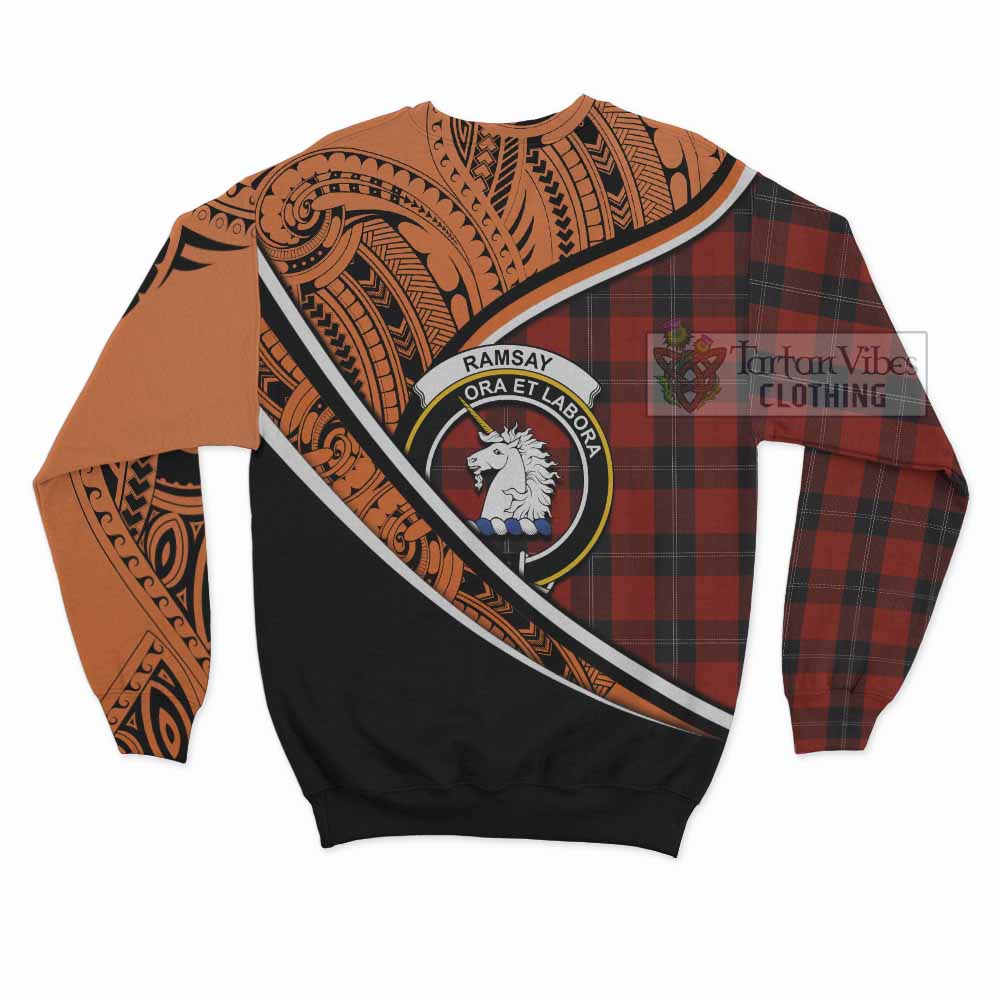 Tartan Vibes Clothing Ramsay Crest Tartan Sweatshirt with Maori Tattoo Style - Orange Version