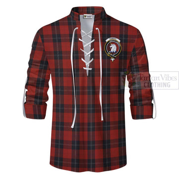 Ramsay Tartan Ghillie Kilt Shirt with Family Crest and Bearded Skull Holding Bottles of Whiskey