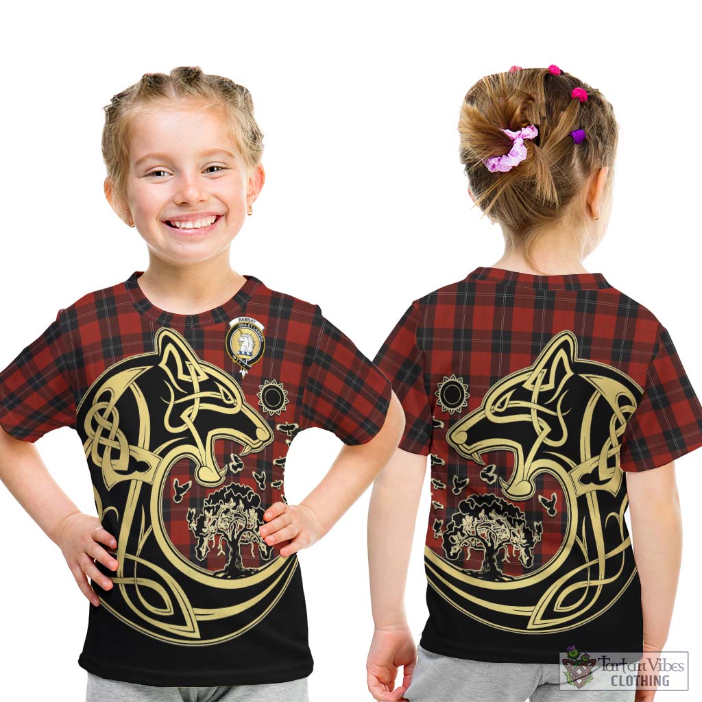 Tartan Vibes Clothing Ramsay Tartan Kid T-Shirt with Family Crest Celtic Wolf Style