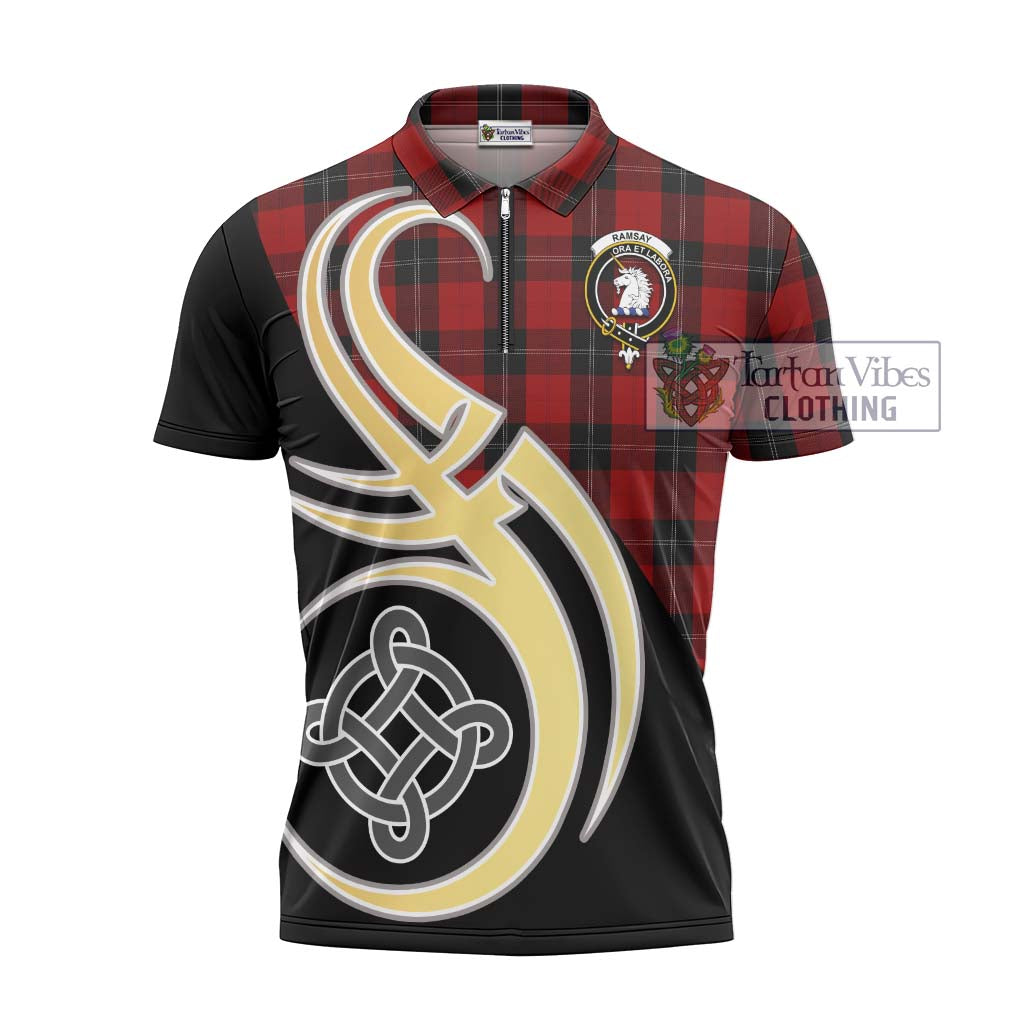 Tartan Vibes Clothing Ramsay Tartan Zipper Polo Shirt with Family Crest and Celtic Symbol Style