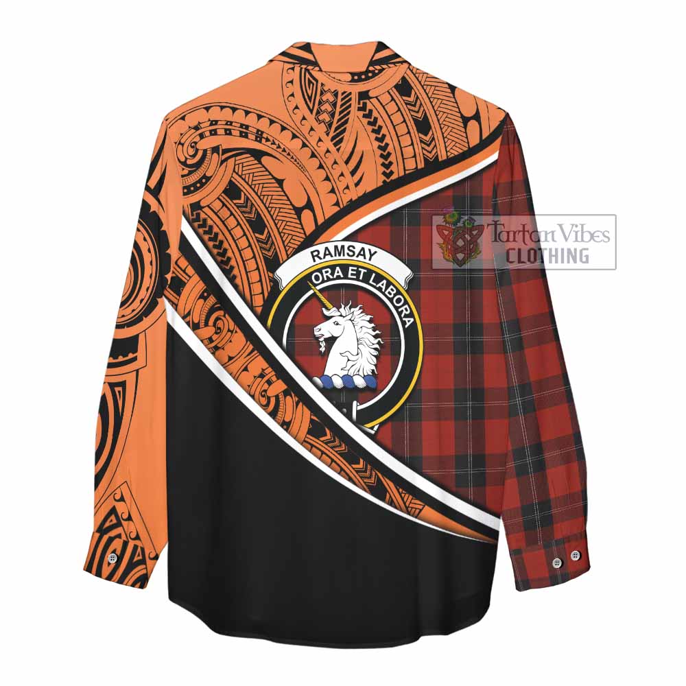 Tartan Vibes Clothing Ramsay Crest Tartan Women's Casual Shirt with Maori Tattoo Style - Orange Version