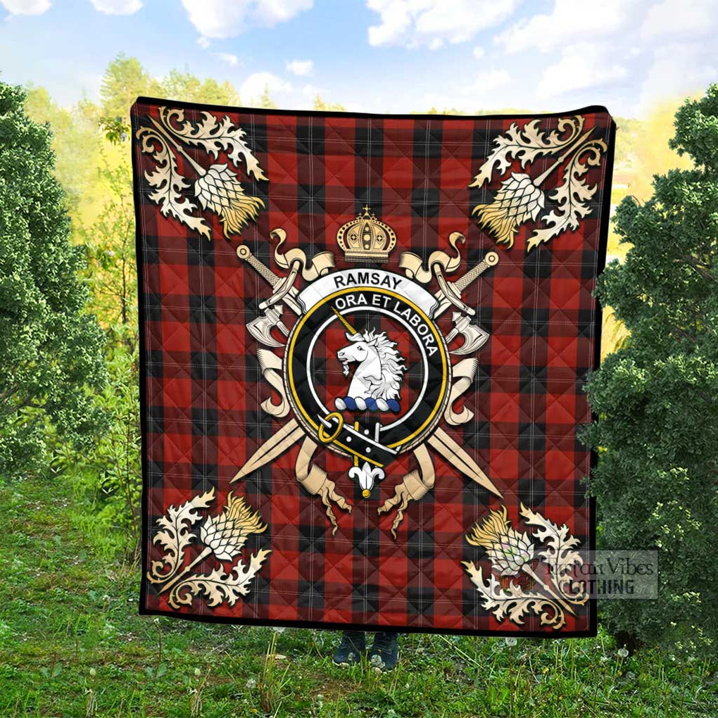 Tartan Vibes Clothing Ramsay Tartan Quilt with Family Crest and Scottish Golden Courage Shield