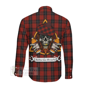 Ramsay Tartan Long Sleeve Button Shirt with Family Crest and Bearded Skull Holding Bottles of Whiskey