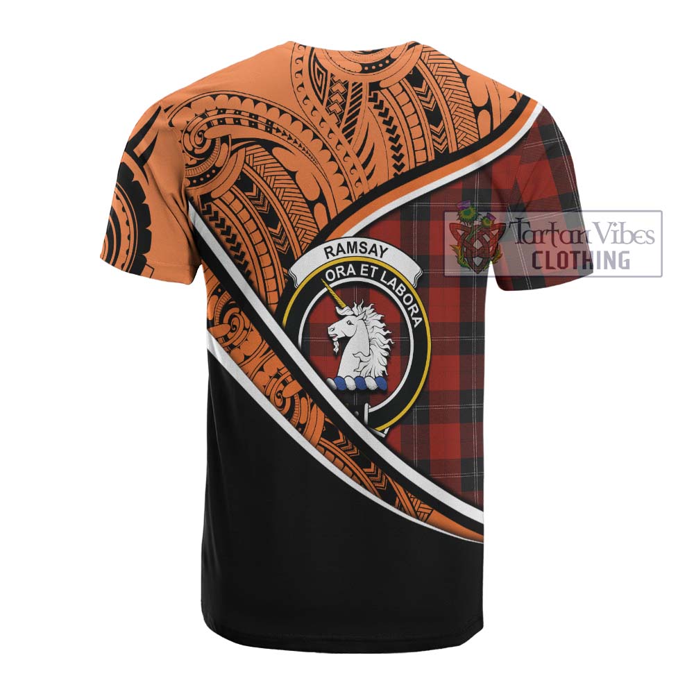 Tartan Vibes Clothing Ramsay Crest Tartan Cotton T-shirt with Maori Tattoo Style - Orange Version