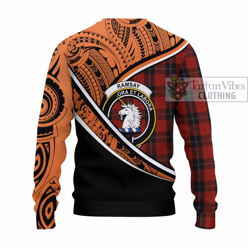 Tartan Vibes Clothing Ramsay Crest Tartan Knitted Sweater with Maori Tattoo Style - Orange Version