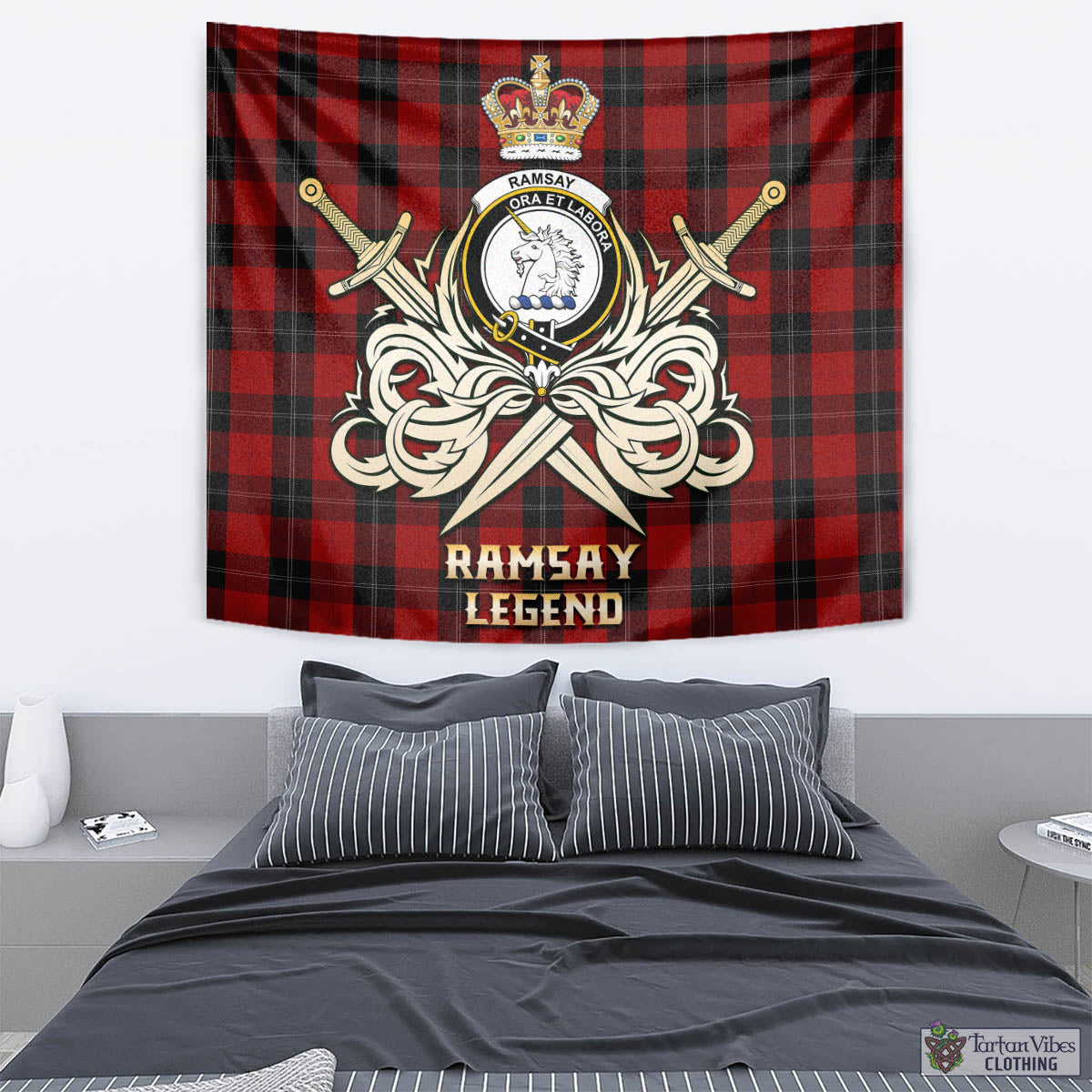 Tartan Vibes Clothing Ramsay Tartan Tapestry with Clan Crest and the Golden Sword of Courageous Legacy