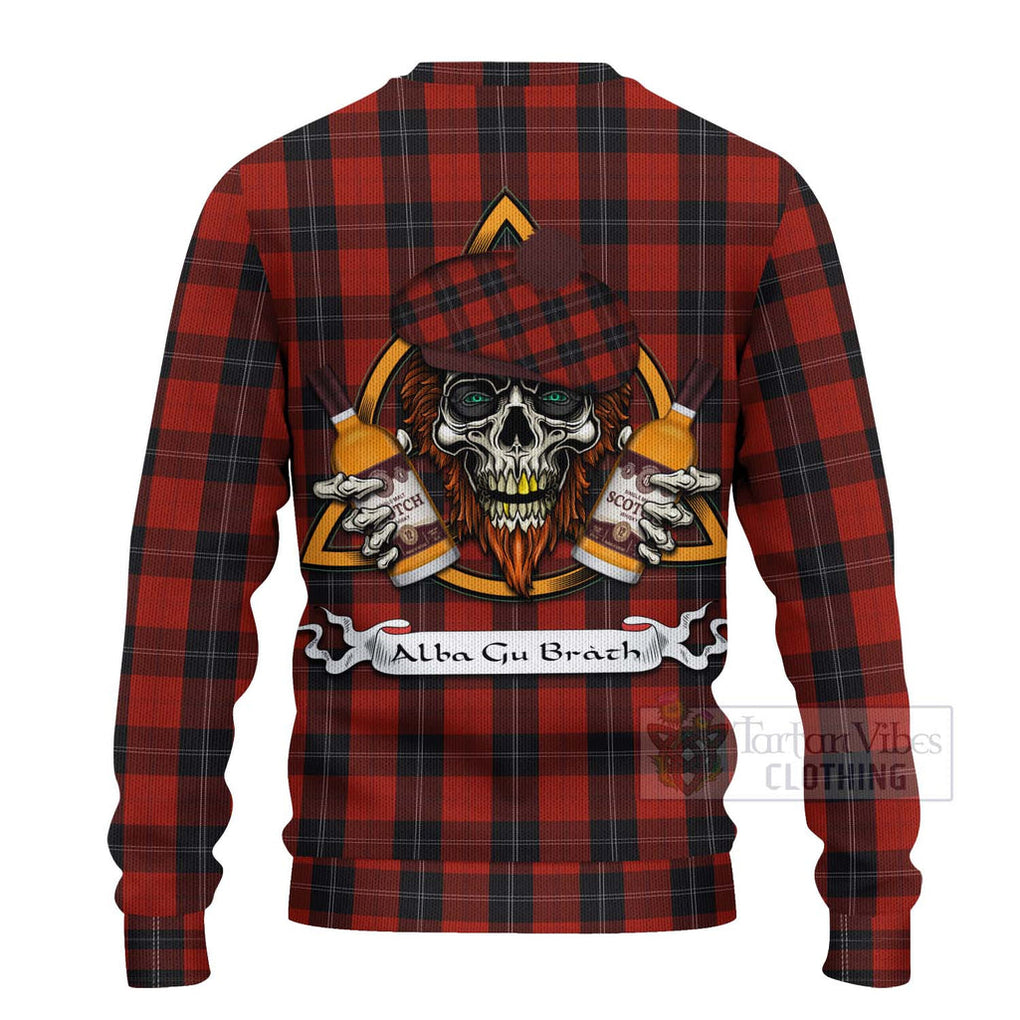 Tartan Vibes Clothing Ramsay Tartan Knitted Sweater with Family Crest and Bearded Skull Holding Bottles of Whiskey