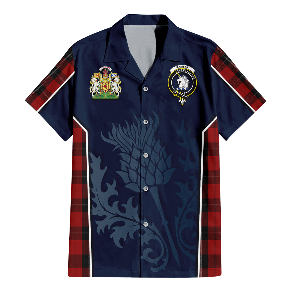 Tartan Vibes Clothing Ramsay Tartan Short Sleeve Button Up Shirt with Family Crest and Scottish Thistle Vibes Sport Style