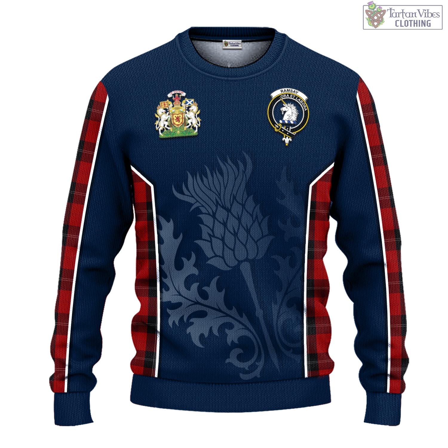 Tartan Vibes Clothing Ramsay Tartan Knitted Sweatshirt with Family Crest and Scottish Thistle Vibes Sport Style