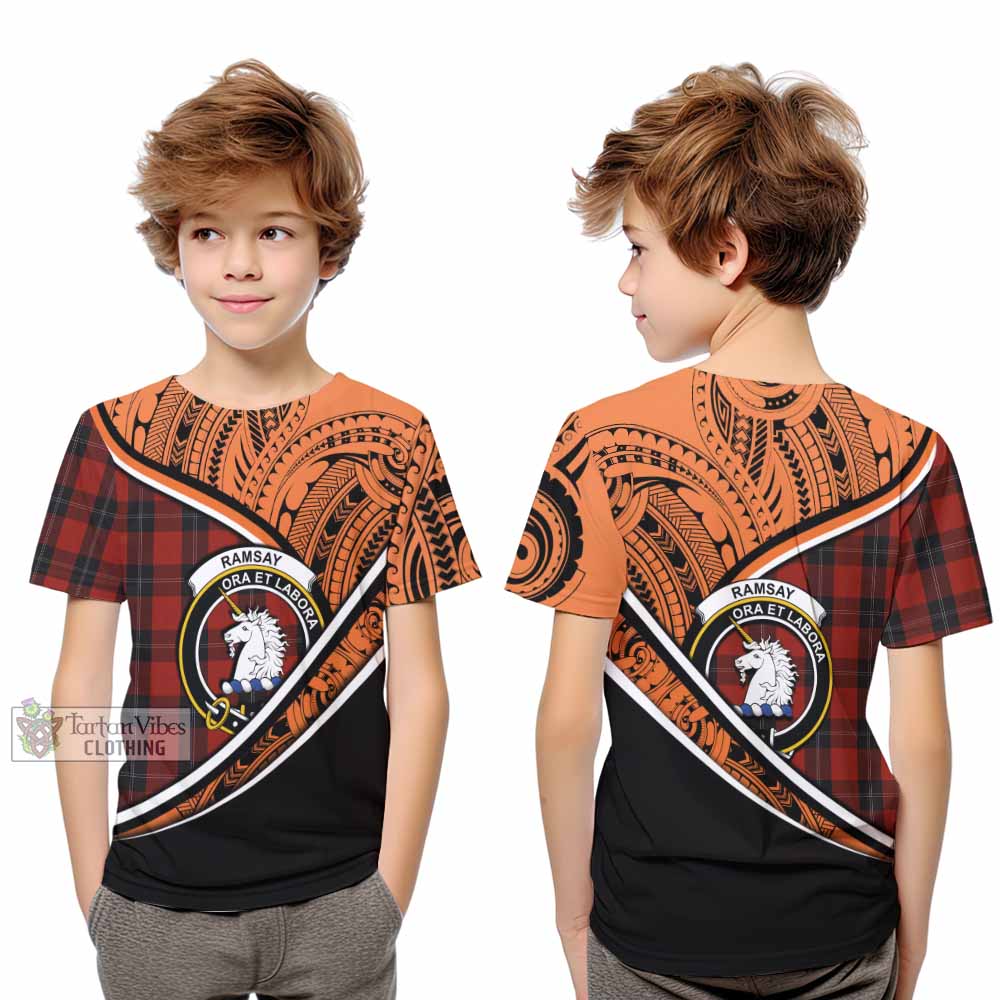 Tartan Vibes Clothing Ramsay Crest Tartan Kid T-Shirt with Maori Tattoo Style - Orange Version