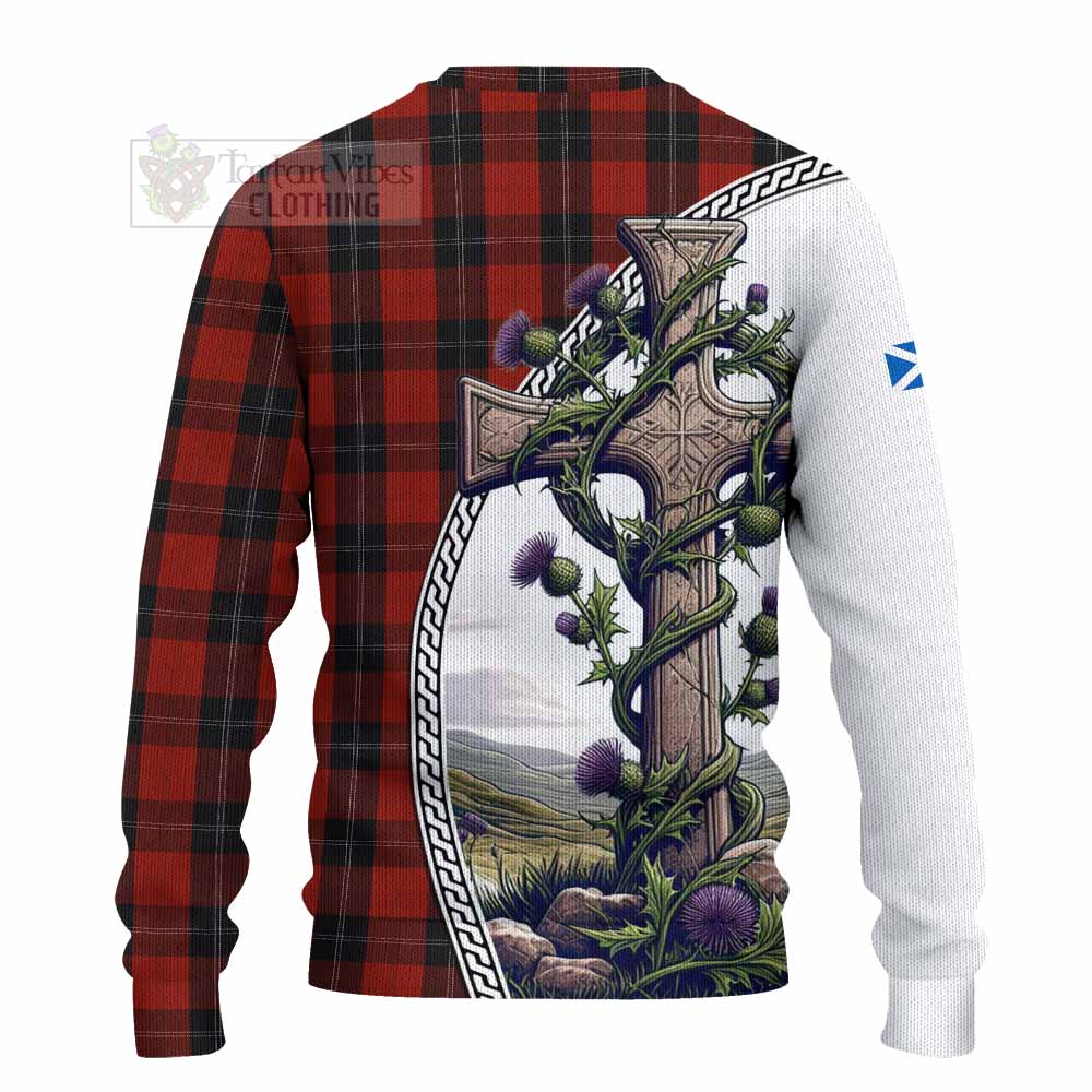 Tartan Vibes Clothing Ramsay Tartan Knitted Sweater with Family Crest and St. Andrew's Cross Accented by Thistle Vines