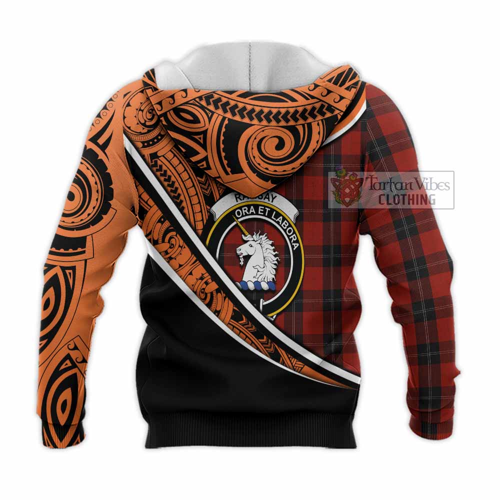 Tartan Vibes Clothing Ramsay Crest Tartan Knitted Hoodie with Maori Tattoo Style - Orange Version