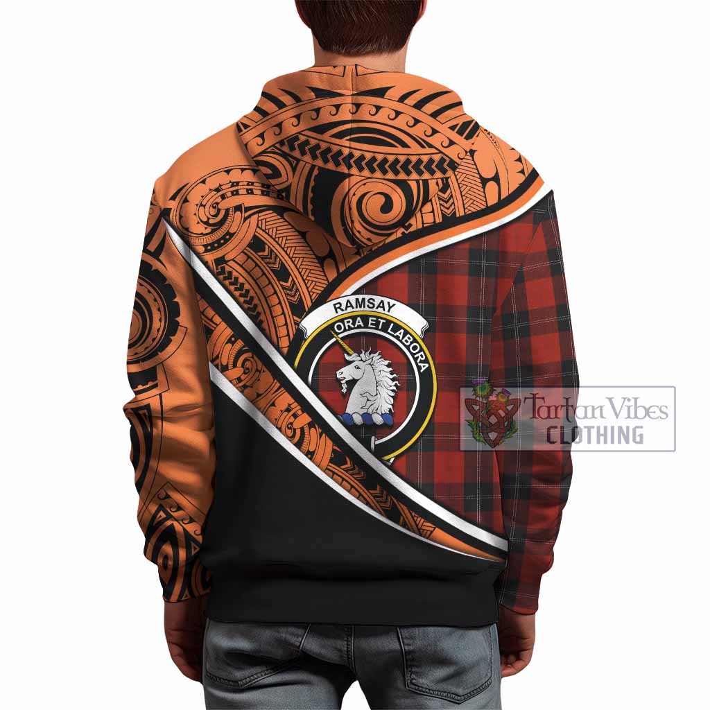 Tartan Vibes Clothing Ramsay Crest Tartan Hoodie with Maori Tattoo Style - Orange Version