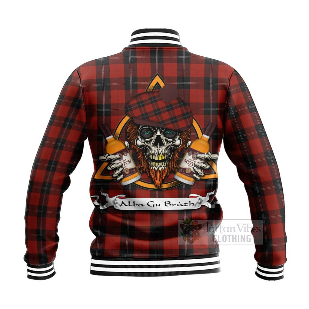 Tartan Vibes Clothing Ramsay Tartan Baseball Jacket with Family Crest and Bearded Skull Holding Bottles of Whiskey