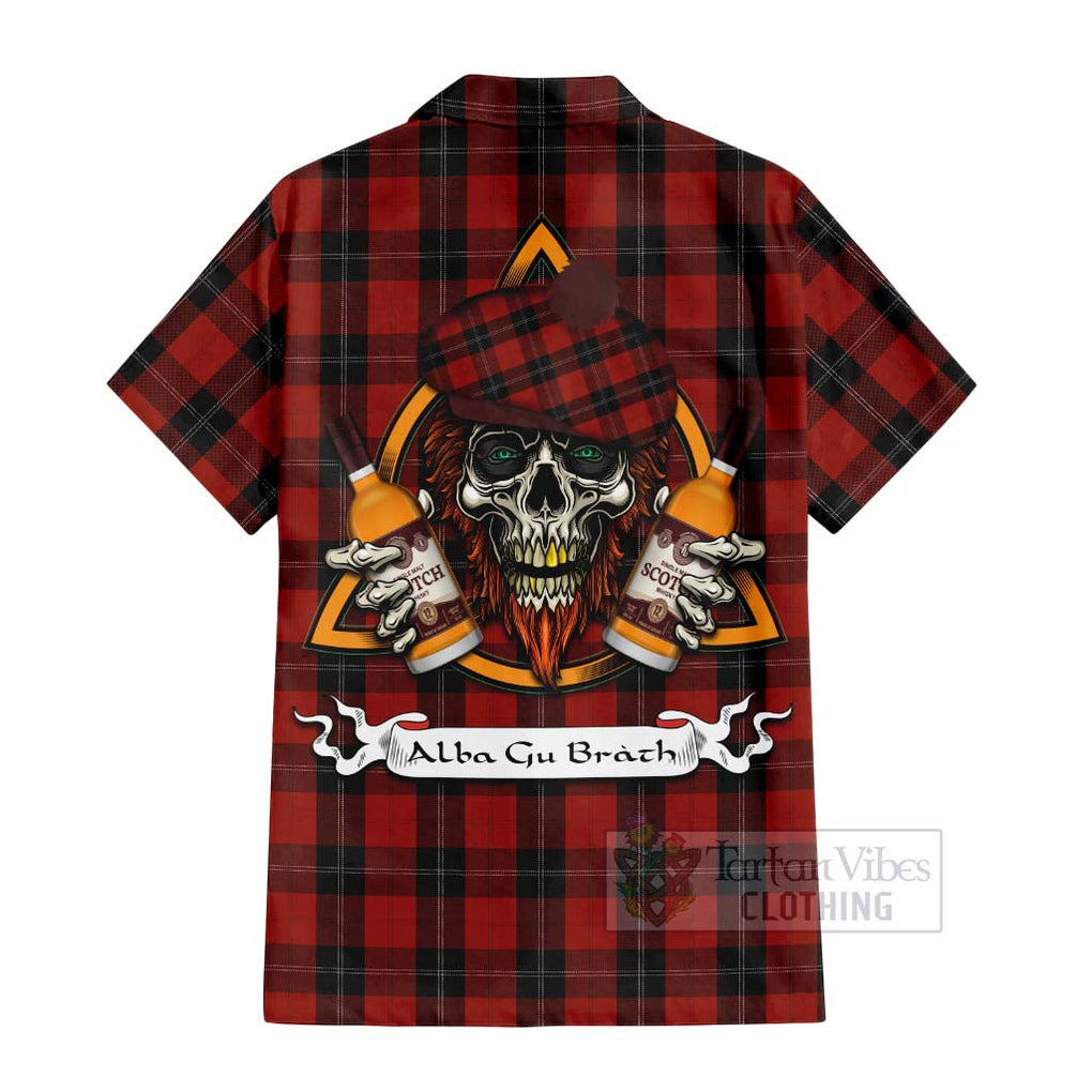 Tartan Vibes Clothing Ramsay Tartan Short Sleeve Button Shirt with Family Crest and Bearded Skull Holding Bottles of Whiskey