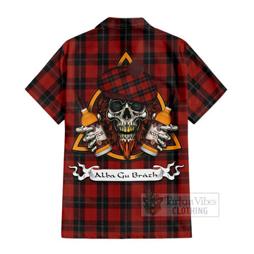 Ramsay Tartan Short Sleeve Button Shirt with Family Crest and Bearded Skull Holding Bottles of Whiskey