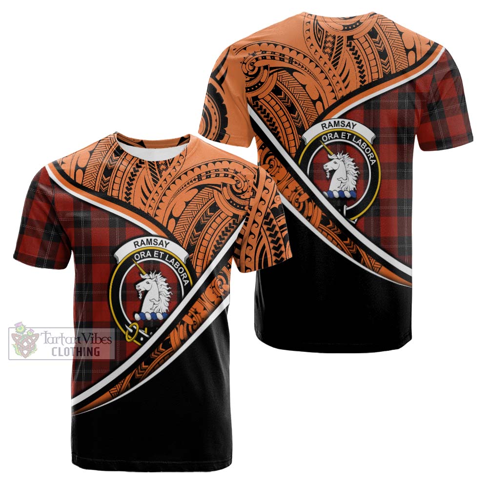 Tartan Vibes Clothing Ramsay Crest Tartan Cotton T-shirt with Maori Tattoo Style - Orange Version