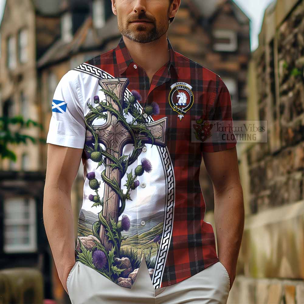 Tartan Vibes Clothing Ramsay Tartan Short Sleeve Button Shirt with Family Crest and St. Andrew's Cross Accented by Thistle Vines