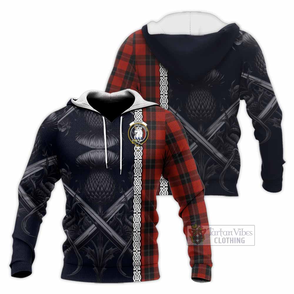 Tartan Vibes Clothing Ramsay Tartan Knitted Hoodie with Family Crest Cross Sword Thistle Celtic Vibes