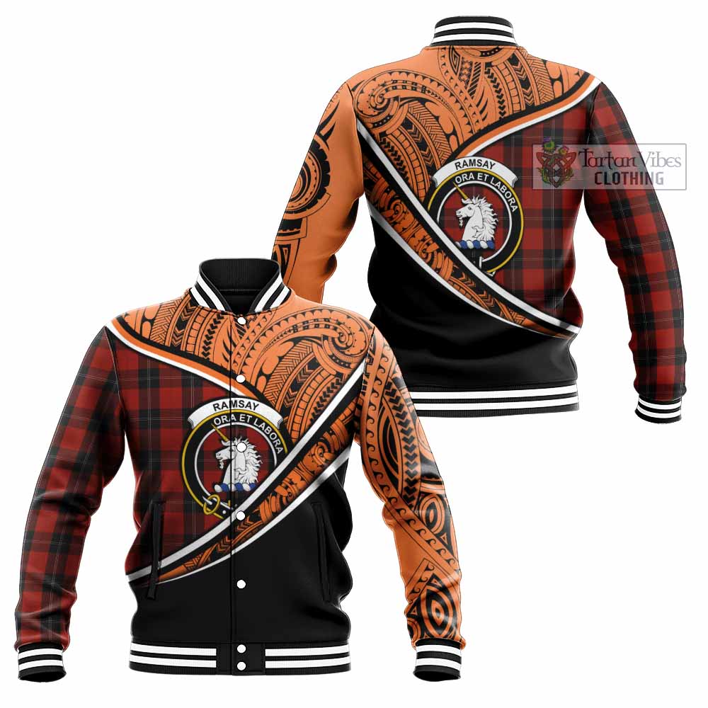 Tartan Vibes Clothing Ramsay Crest Tartan Baseball Jacket with Maori Tattoo Style - Orange Version