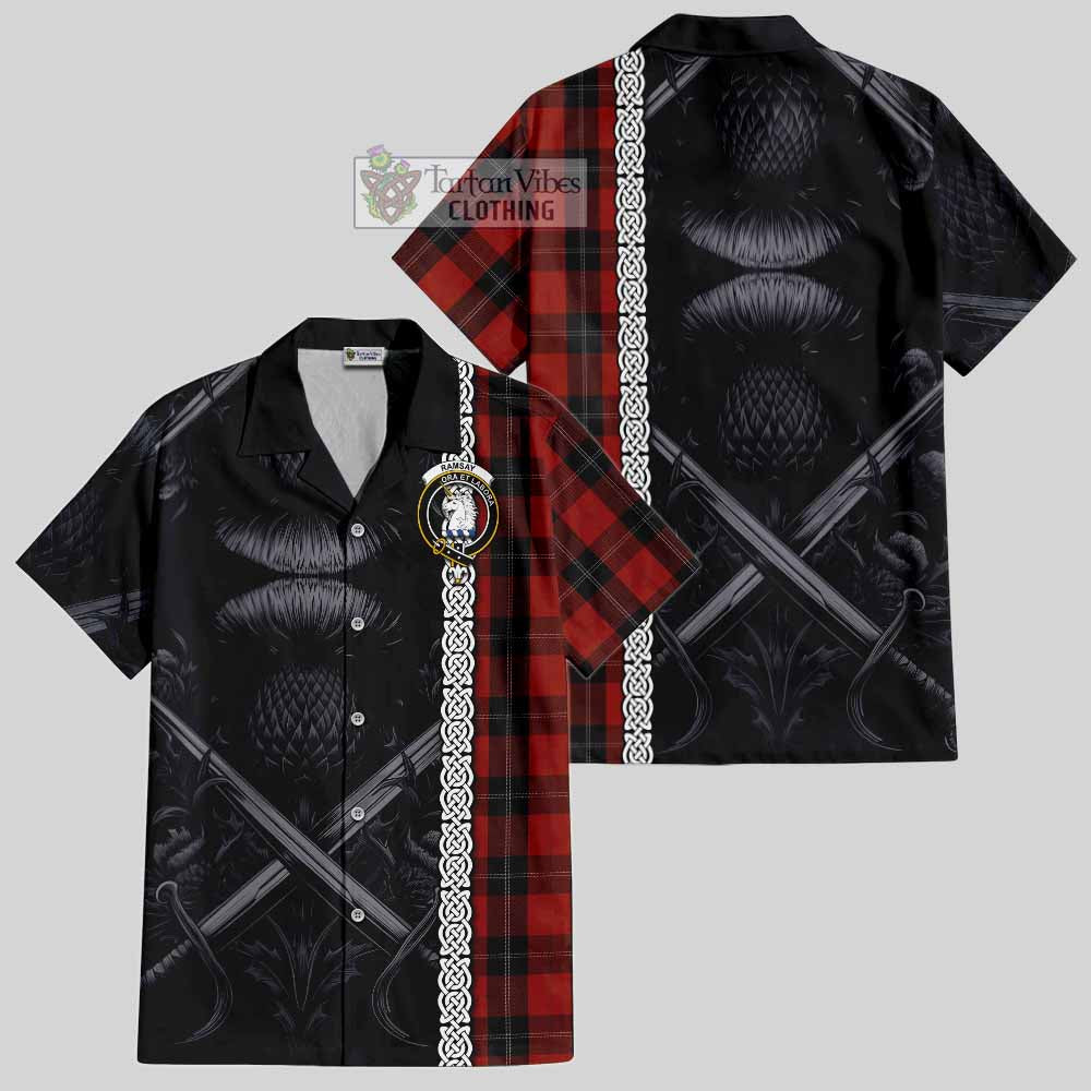 Tartan Vibes Clothing Ramsay Tartan Short Sleeve Button Shirt with Family Crest Cross Sword Thistle Celtic Vibes