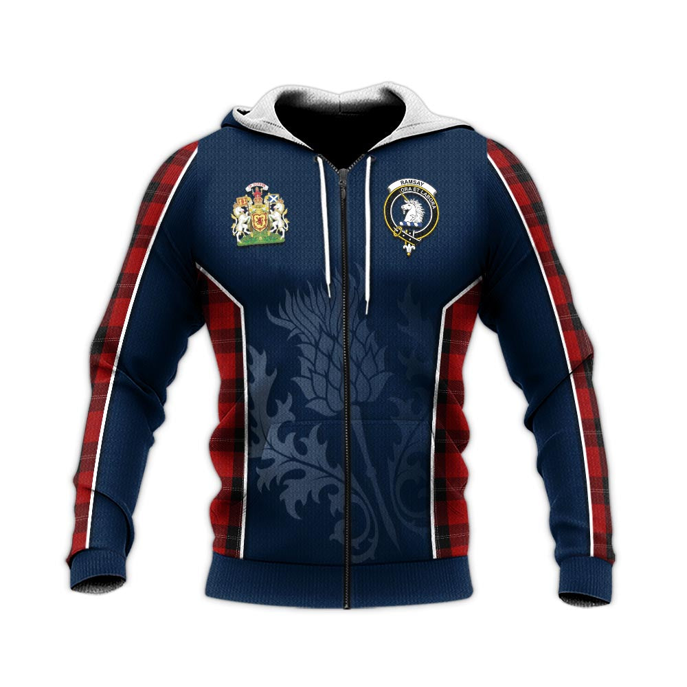 Tartan Vibes Clothing Ramsay Tartan Knitted Hoodie with Family Crest and Scottish Thistle Vibes Sport Style