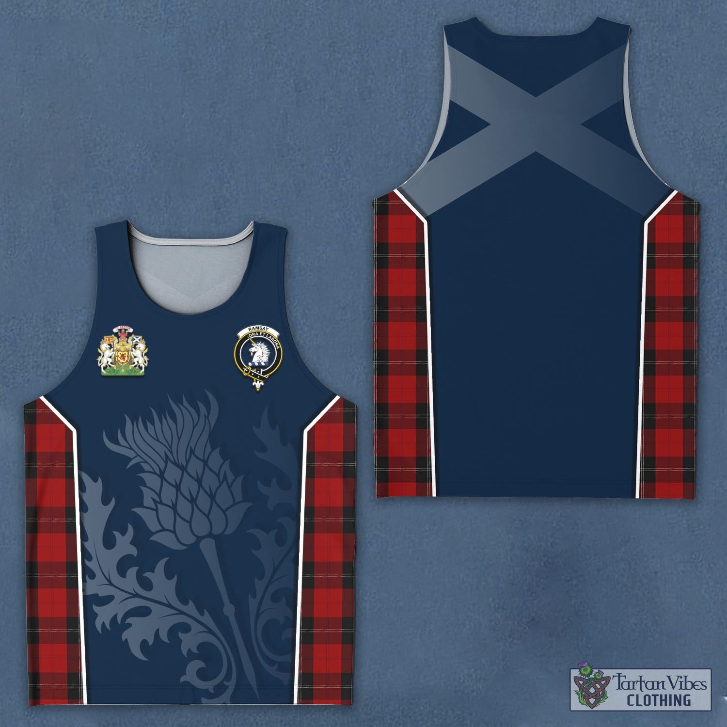 Tartan Vibes Clothing Ramsay Tartan Men's Tanks Top with Family Crest and Scottish Thistle Vibes Sport Style