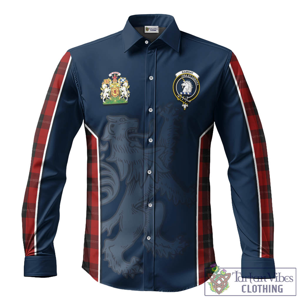 Ramsay Tartan Long Sleeve Button Up Shirt with Family Crest and Lion Rampant Vibes Sport Style