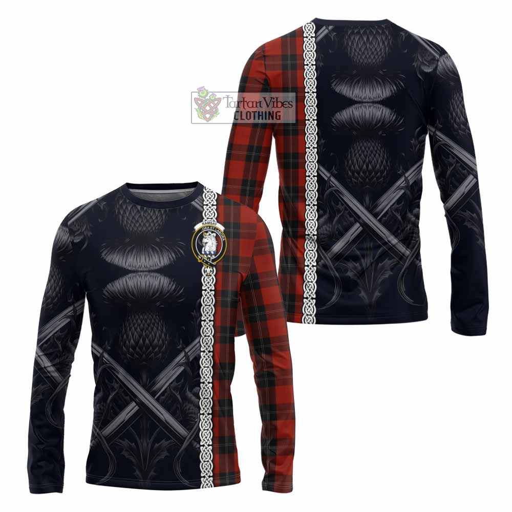 Tartan Vibes Clothing Ramsay Tartan Long Sleeve T-Shirt with Family Crest Cross Sword Thistle Celtic Vibes