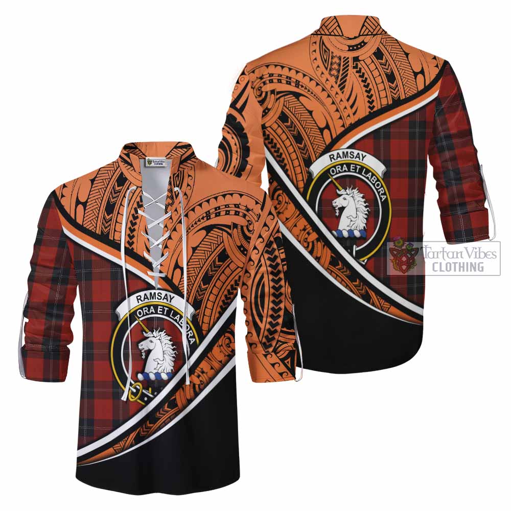 Tartan Vibes Clothing Ramsay Crest Tartan Ghillie Kilt Shirt with Maori Tattoo Style - Orange Version