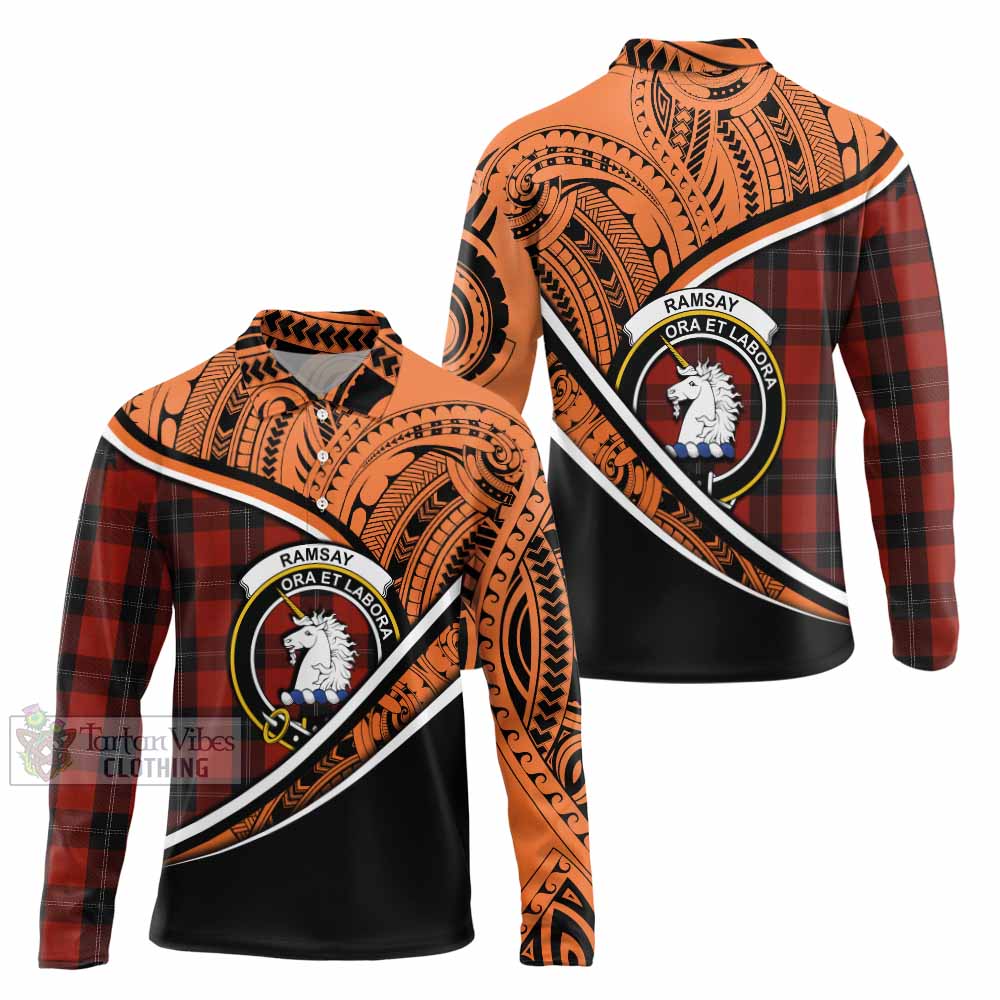 Tartan Vibes Clothing Ramsay Crest Tartan Long Sleeve Polo Shirt with Maori Tattoo Style - Orange Version