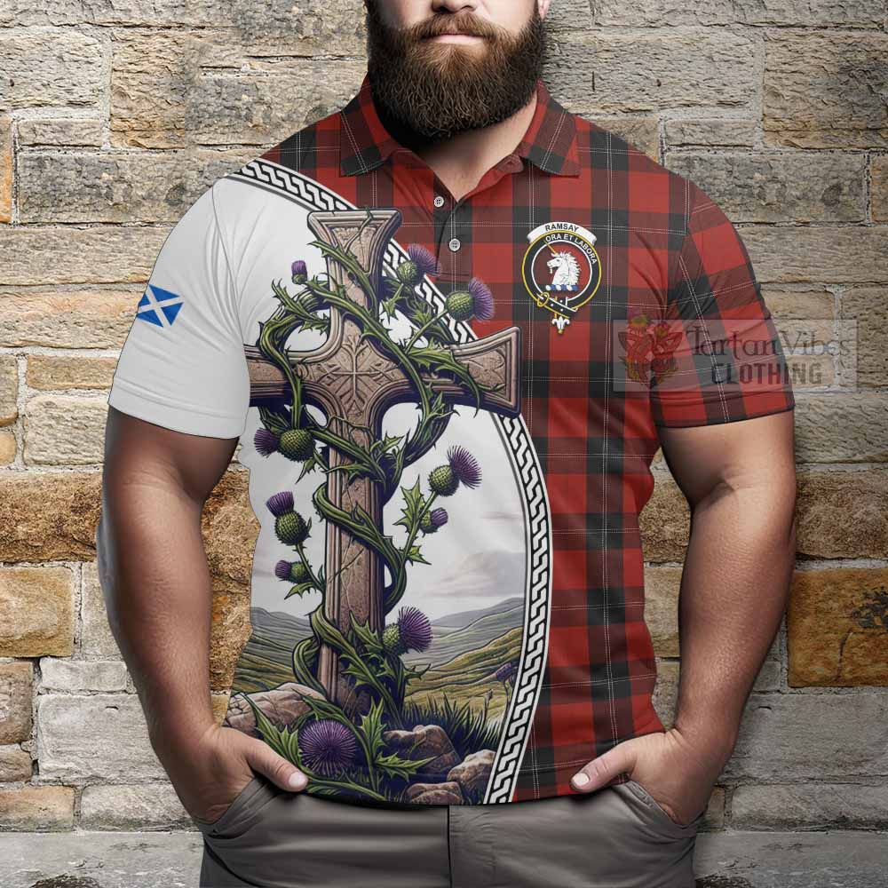 Tartan Vibes Clothing Ramsay Tartan Polo Shirt with Family Crest and St. Andrew's Cross Accented by Thistle Vines