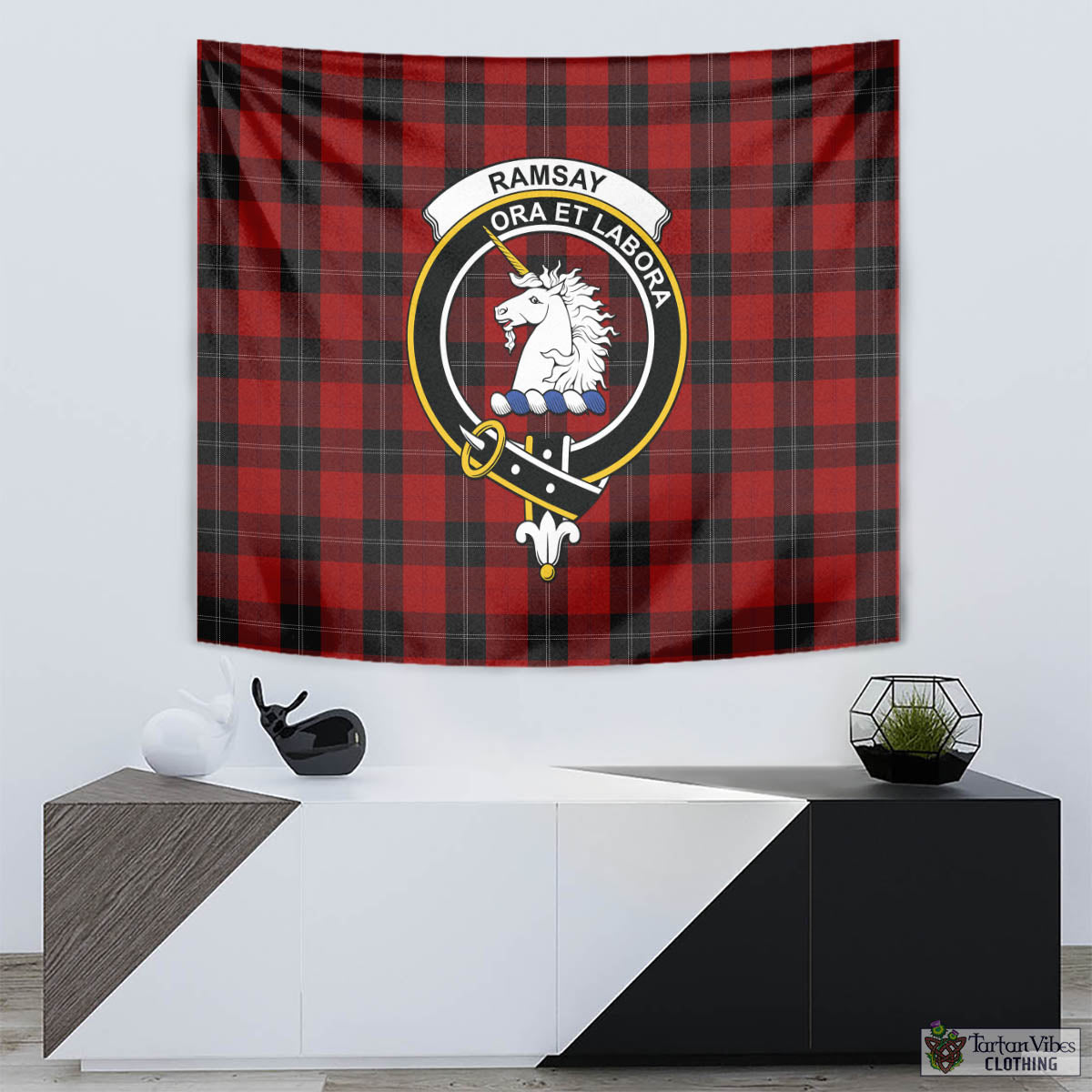 Tartan Vibes Clothing Ramsay Tartan Tapestry Wall Hanging and Home Decor for Room with Family Crest