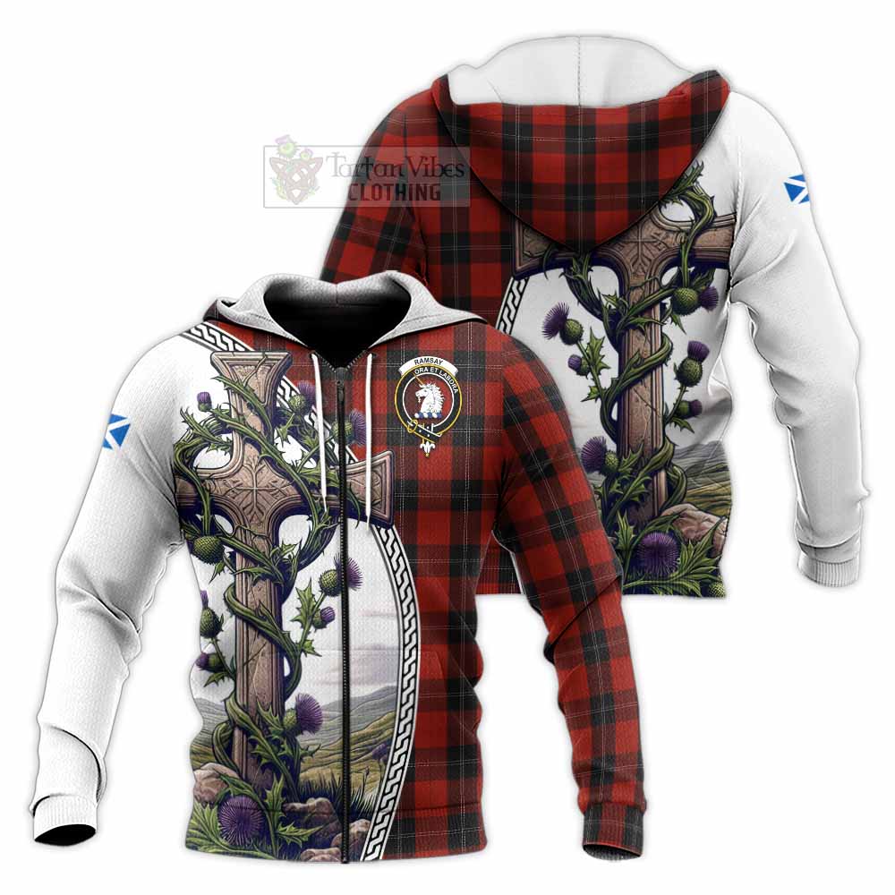 Tartan Vibes Clothing Ramsay Tartan Knitted Hoodie with Family Crest and St. Andrew's Cross Accented by Thistle Vines