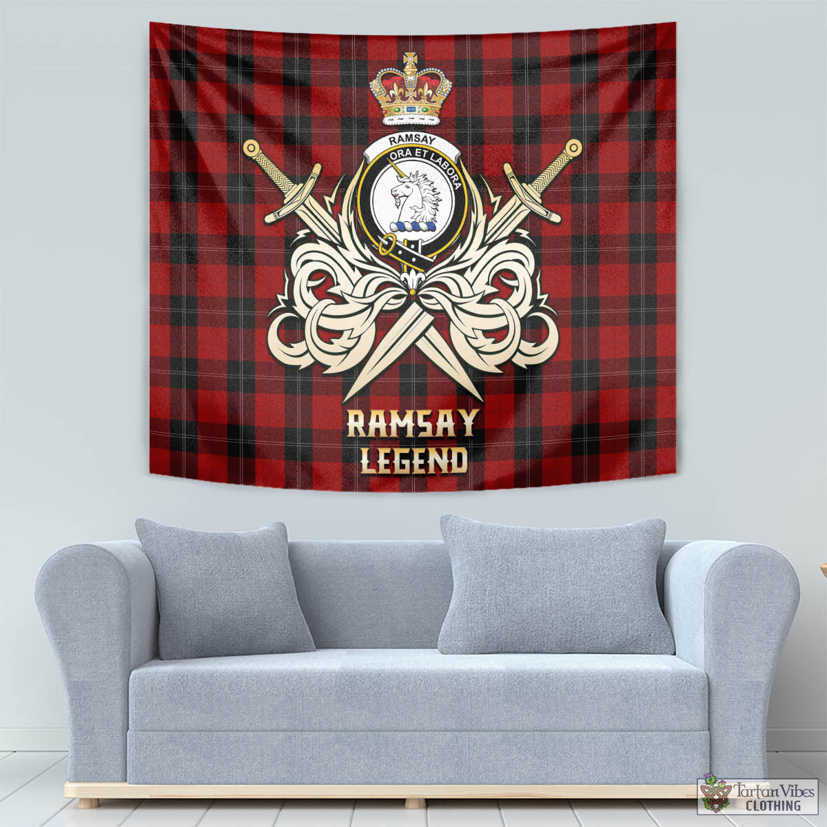 Tartan Vibes Clothing Ramsay Tartan Tapestry with Clan Crest and the Golden Sword of Courageous Legacy