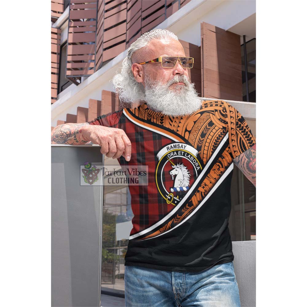 Tartan Vibes Clothing Ramsay Crest Tartan Cotton T-shirt with Maori Tattoo Style - Orange Version