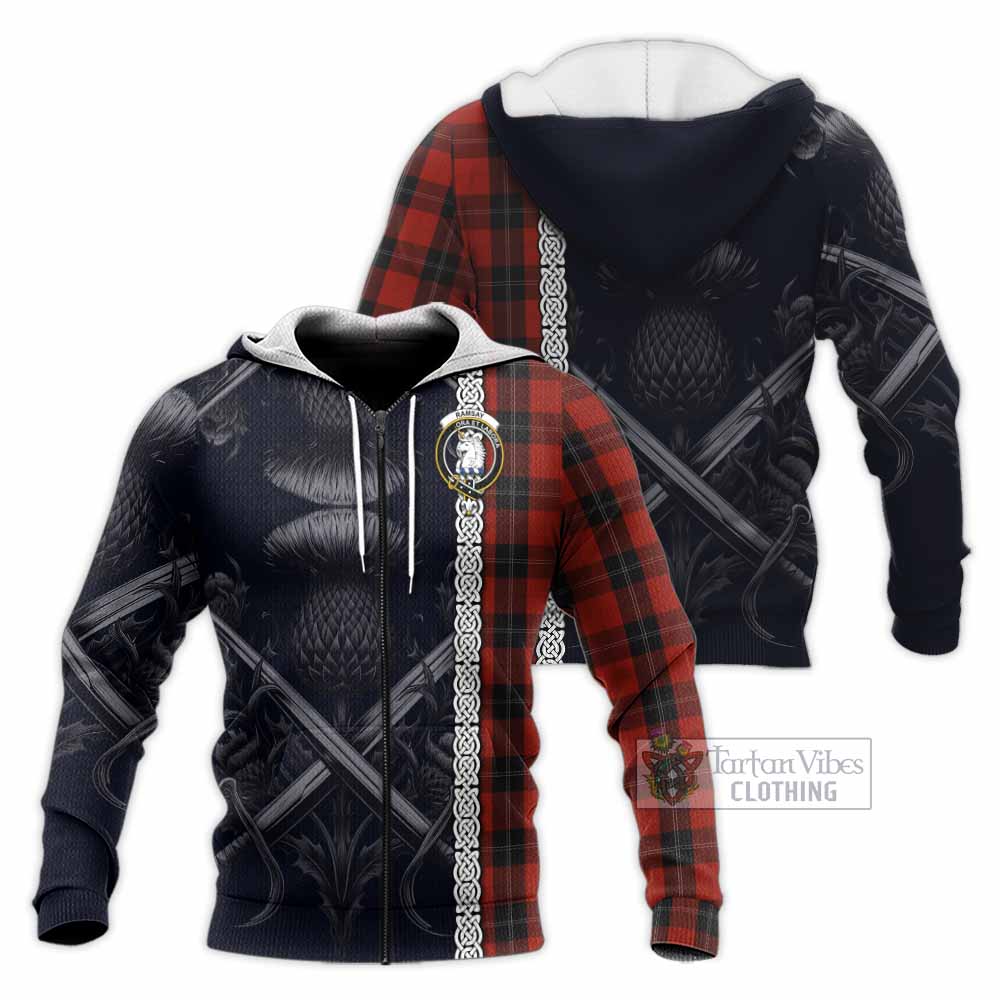 Tartan Vibes Clothing Ramsay Tartan Knitted Hoodie with Family Crest Cross Sword Thistle Celtic Vibes