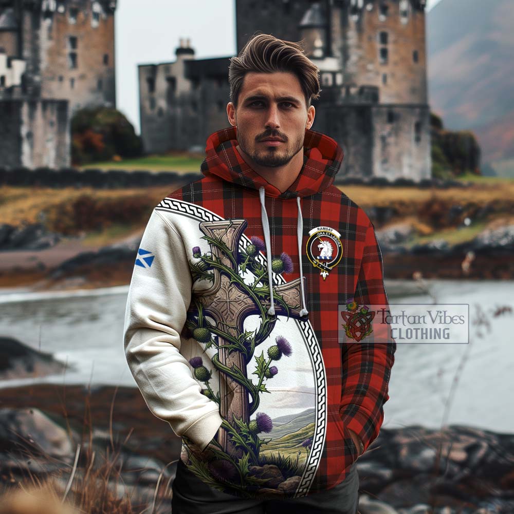 Tartan Vibes Clothing Ramsay Tartan Cotton Hoodie with Family Crest and St. Andrew's Cross Accented by Thistle Vines