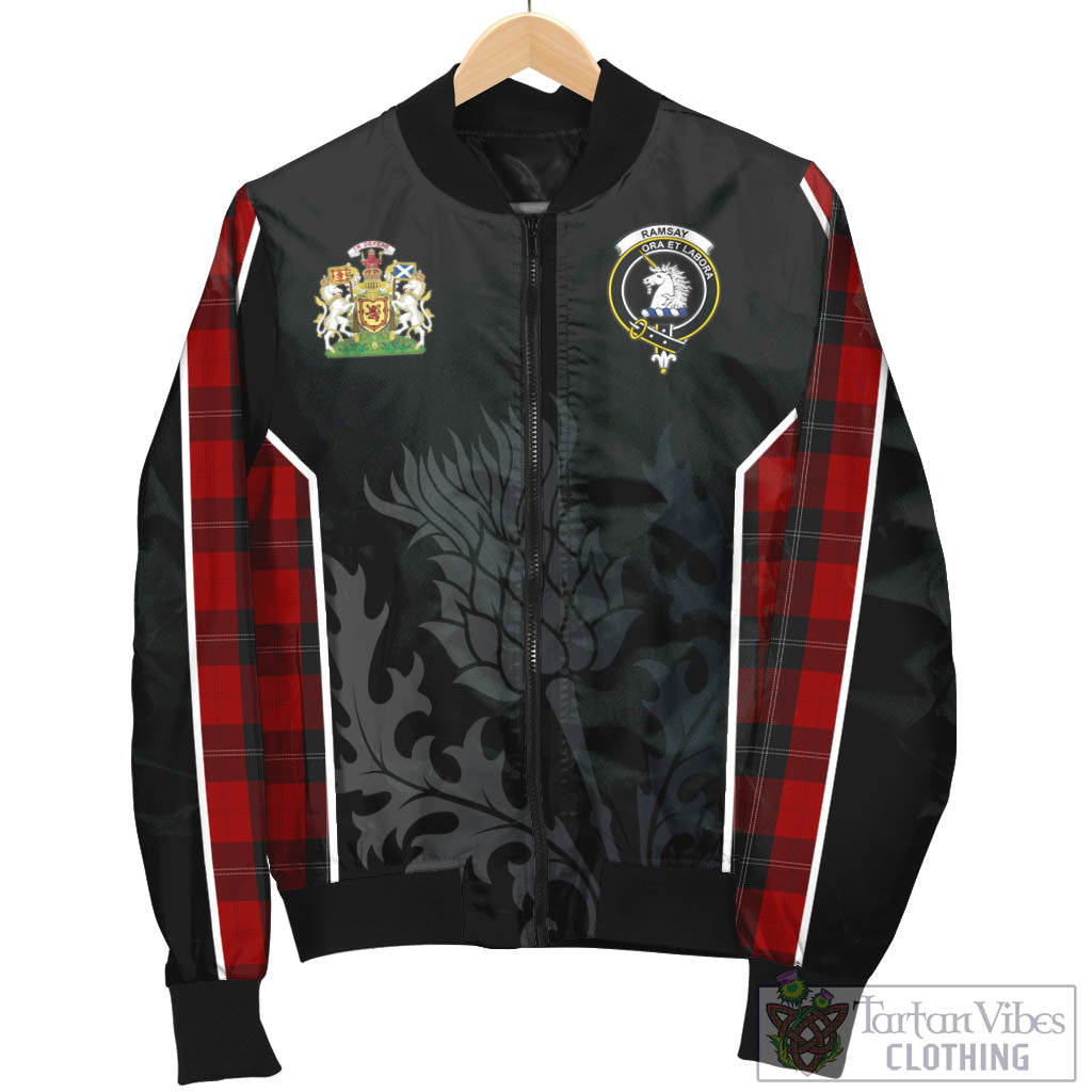 Tartan Vibes Clothing Ramsay Tartan Bomber Jacket with Family Crest and Scottish Thistle Vibes Sport Style