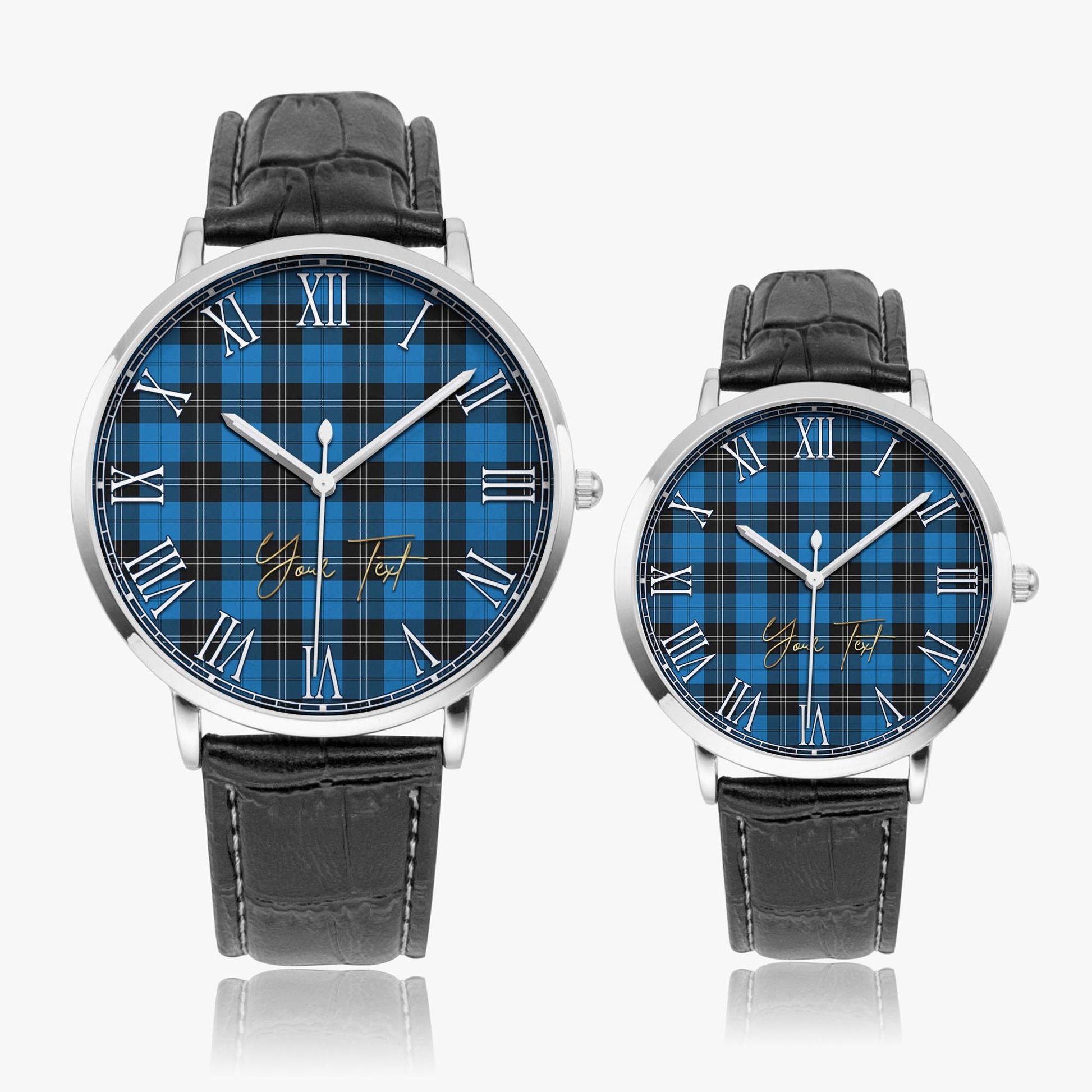 Ramsay Blue Ancient Tartan Personalized Your Text Leather Trap Quartz Watch Ultra Thin Silver Case With Black Leather Strap - Tartanvibesclothing