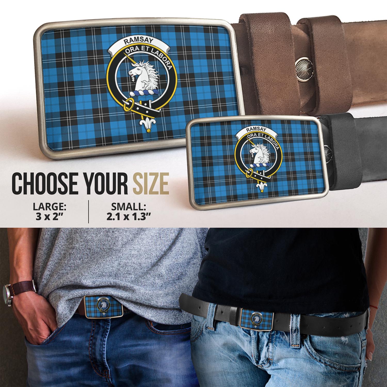 Ramsay Blue Ancient Tartan Belt Buckles with Family Crest - Tartan Vibes Clothing