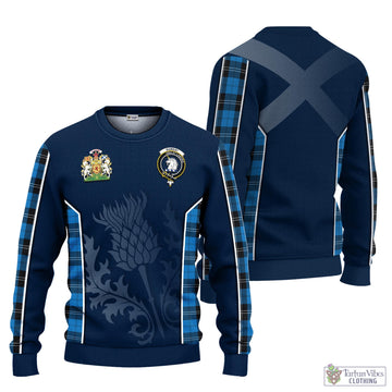 Ramsay Blue Ancient Tartan Knitted Sweatshirt with Family Crest and Scottish Thistle Vibes Sport Style