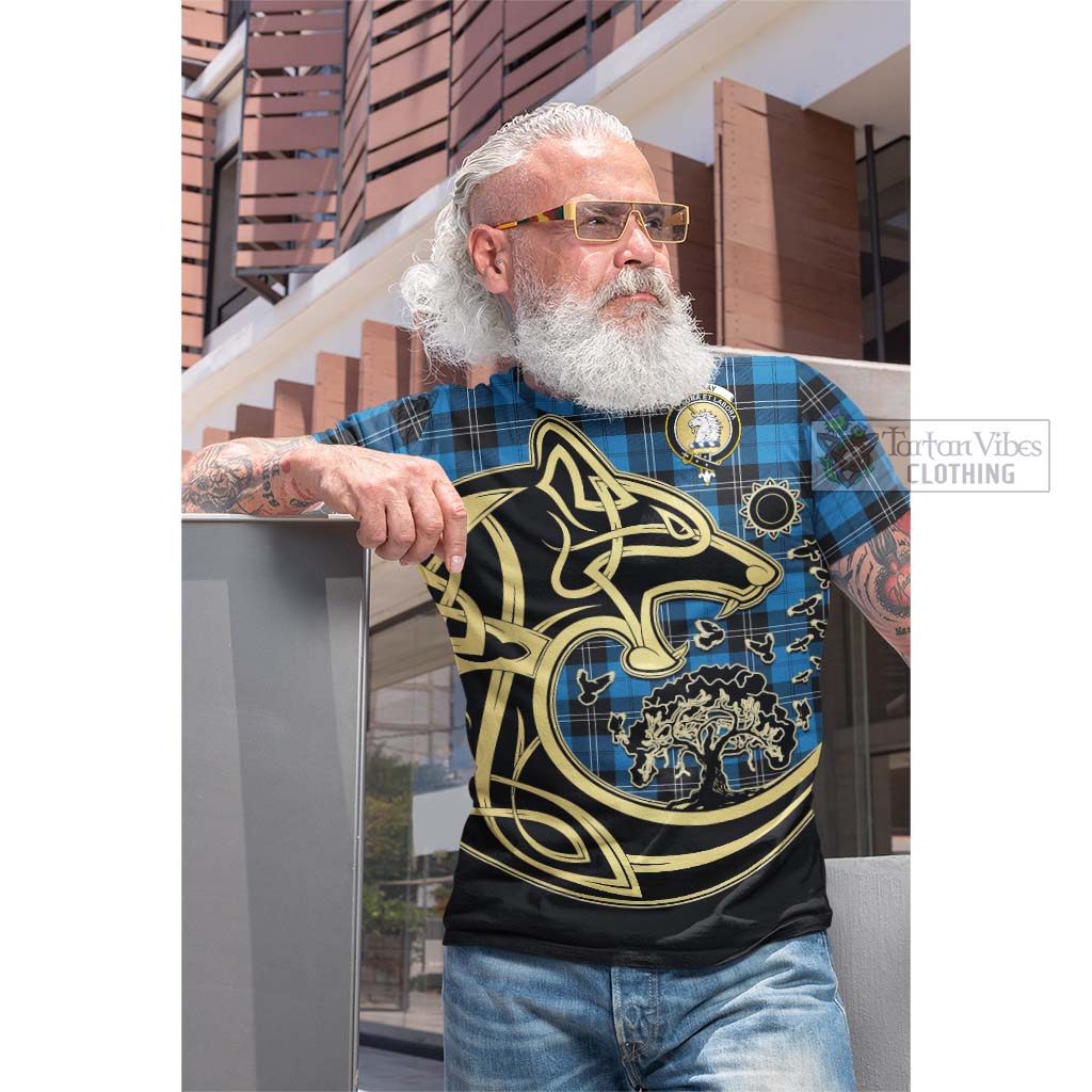 Tartan Vibes Clothing Ramsay Blue Ancient Tartan Cotton T-shirt with Family Crest Celtic Wolf Style