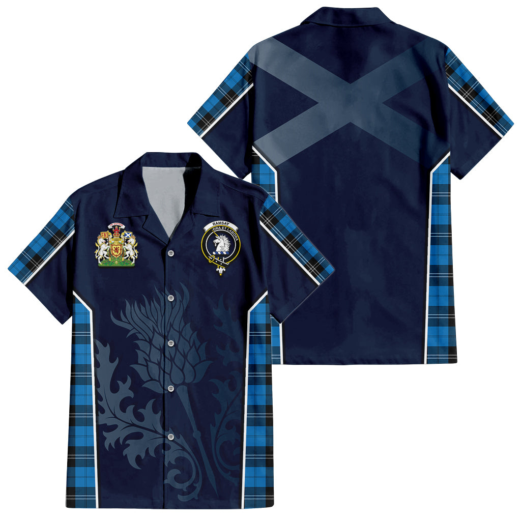 Tartan Vibes Clothing Ramsay Blue Ancient Tartan Short Sleeve Button Up Shirt with Family Crest and Scottish Thistle Vibes Sport Style